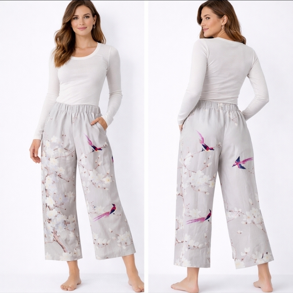Bird Print Wide Leg Pants Cream Floral Elastic Waist Size M - Picture 2 of 7